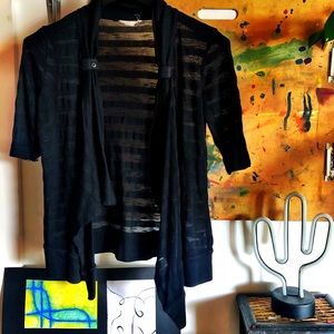 Striped Half-Sleeve Asymmetric Open-Front Sweater